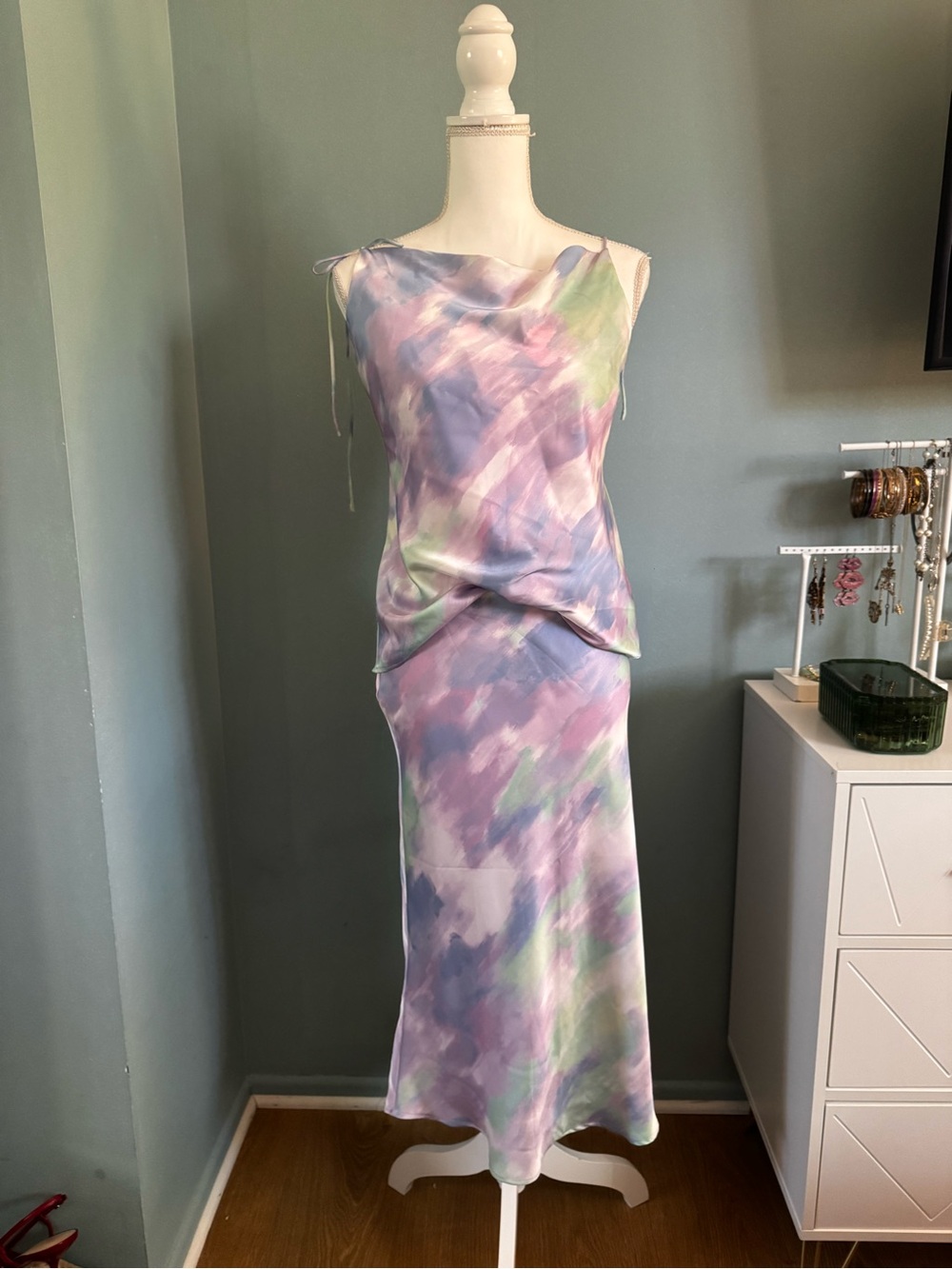 VERNACULAR NWT Shoulder Tie Set Pastel Watercolor Slip Dress - Lavender Small